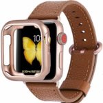 PEAK ZHANG Compatible Iwatch Band 38mm 40mm with Soft TPU Protector Case, M/L Women Men Genuine Leather Replacement Strap with Series 3/4 Gold Clasp Compatible Series 4/3/ 2/1, Light Brown