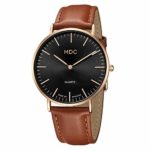 MDC Mens Brown Leather Minimalist Watch, Ultra-Thin Slim Classic Casual Dress Wrist Watches for Men with Leather Band Strap