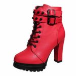 COPPEN Women Martain Boot High Heel Leather Lace-Up Solid Round Toe Shoes