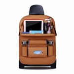 HONCENMAX Car Seat Back Organizer Foldable Dining Table Holder Tray Bottles Holder Multifunctional Protector Storage Bag Kick Mat Travel Accessory PU Leather – Light Brown