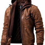FLAVOR Men Brown Leather Motorcycle Jacket with Removable Hood (X-Large (US Standard), Brown)