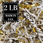 Crinkle Cut Paper Shred Filler for Packing and Filling Gift Baskets, Natural Craft Bedding in Brown Kraft Red Pink White Green Yellow Blue and White … (2 LB, White and Gold)