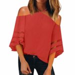 Pongfunsy Women’s Summer Tops, Women’s 3/4 Bell Sleeve Shirt Loose Casual Mesh Panel Blouse Trendy Patchwork Top 2019 (XL, Red1)