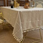 TEWENE Tablecloth, Square Table Cloth Cotton Linen Wrinkle Free Anti-Fading Checkered Tablecloths Washable Dust-Proof Table Cover for Kitchen Dinning Party (Square,55”x55”,4 Seats, Light Brown)