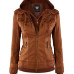 Lock and Love LL WJC664 Womens Faux Leather Jacket with Hoodie L Camel