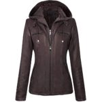 Newbestyle Womens Hooded Faux Leather Moto Biker Short Jacket Quilted Zip Up Coats Dark Brown 2X-Large