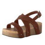 Kinrui Women Shoes Womens Platform Wedges Sandals Cutout Belt Open Toe Slingback Faux Leather Cork Heel Ankle Bootie (Brown -3, US:8.5)