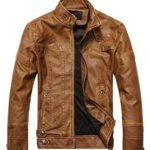 chouyatou Men’s Vintage Stand Collar Pu Leather Jacket (Large, DZQM769-Brown)