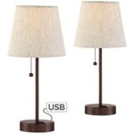 Justin Modern Accent Table Lamps 18 1/4″ High Set of 2 with Hotel Style USB Charging Port Bronze Metal Drum Shade for Bedroom Bedside – 360 Lighting