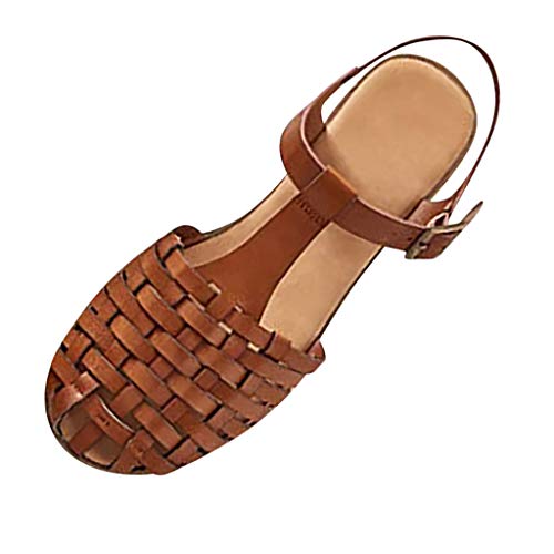 Women Fashion Woven Sandals Closed Toe T Strap Slingback Vintage Ankle ...