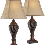 Traditional Table Lamps Set of 2 Carved Two Tone Brown Urn Beige Rectangular Shade for Living Room Family Bedroom – Regency Hill