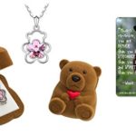 Girl’s Teddy Bear Pendant Necklace Jewelry with Flower Crystal in Brown Velour Teddy Bear Box with Heart, Card with Inspirational Quote