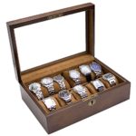 Caddy Bay Collection Vintage Wood Watch Display Storage Case Chest with Glass Top Holds 10+ Watches with Adjustable Soft Pillows and High Clearance for Larger Watches