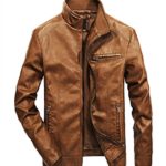 WULFUL Men’s Stand Collar Leather Jacket Motorcycle Lightweight Faux Leather Outwear Brown-S