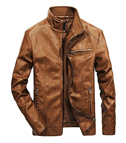WULFUL Men’s Stand Collar Leather Jacket Motorcycle Lightweight Faux ...