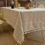 TEWENE Tablecloth, Rectangle Table Cloth Cotton Linen Wrinkle Free Anti-Fading Embroidery Checkered Tablecloths Washable Table Cover for Dining (Rectangle/Oblong, 55”x70”,4-6 Seats, Light Brown)