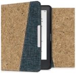 kwmobile Folio Case for Kobo Clara HD – Cork and Fabric Book Style e-Reader Flip Cover – Light Brown/Blue