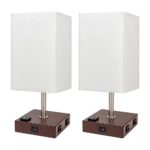 DEEPLITE Table Lamp Bedside Nightstand Lamp with Dual USB Ports and Outlet, Modern Desk Lamp with Brown Wooden Base Fabric Shade, Ambient Light for Bedroom, Gust Room, Office, Set of 2 (Square)