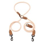 Mile High Life | Double Dogs Leash | Multiple Configurations | Leather Tailor Reinforce Handle Mountain Climbing Rope 8FT with Heavy Duty Metal Sturdy Clasp (Light Brown Cotton)