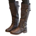 Ermonn Womens Wide Calf Riding Boots Knee High Buckle Strappy Winter Chunky Combat Boots