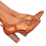 Cenglings Women’s Round Toe Strappy Hollow Out Solid High Chunky Heel Pumps Slip On Shallow Party Shoes Ankle Strap Sandals Brown