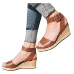 Cenglings Wedges Shoes,Womens Open Toe One Band Ankle Strap Platform Sandals Buckle Espadrilles Ladies Roman Sandals Brown