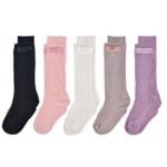Epeius 5 Pairs Baby Girls Cotton Ribbed Knee High Socks Uniform Socks Toddlers Girls Tube Bow Stockings for 1-2 Years,Black/White/Violet/Baby Pink/Light Brown