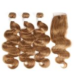 X-tress Brazilian Remy Hair Light Brown Wavy Bundles with Free Part Lace Closure Body Wave Human Hair Extension 100% Human Hair Weave Champagne Hair Extension 27# (14” 16” 18” +12”)