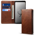 Samsung S9 plus Smart Leather Wallet Cell Phone Card Holder Case Kickstand Protective Flip Cover, Brown