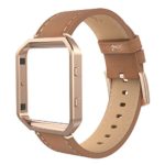 Simpeak Compatible for Fitbit Blaze Bands with Frame, Small, Multi Color, Genuine Leather Band for Fit bit Blaze Smartwatch Women Men, Light Brown Band + Rose Gold Metal Frame
