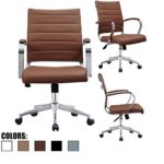 2xhome Brown Modern Mid Century Modern Contemporary Mid Back Ribbed PU Leather Swivel Tilt Adjustable Chair Executive Manager Office Conference Room Work Task Computer Ribbed Desk Chrome Wheels Arms
