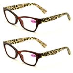 2 Pairs of Stylish Classic Rectangle Reader With Spring Hinges, Women Female Leopard Temple Reading Glasses (2 Brown, 3.00)