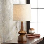 Rexford Mid Century Modern Table Lamp Brown Walnut Wood Off White Linen Shade for Living Room Family Bedroom Bedside Office – 360 Lighting