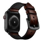 OUHENG Compatible with Apple Watch Band 42mm 44mm, Sweatproof Genuine Leather and Rubber Hybrid Band Strap Compatible with iWatch Series 5 Series 4 Series 3 Series 2 Series 1, Chocolate Brown