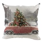 Merry Christmas Decor Retro Red Truck with Trees Farmhouse Decoration Gift Linen Home Throw Pillow Case Cushion Cover for Sofa Couch