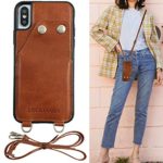 Luckycoin Crossbody Phone Case for iPhone X/XS Vintage Top Grain Genuine Leather Card Holders Wallet Case Detachable Adjustable Leather Strap Compatible with 2018 iPhone Xs/X 5.8 inch Brown