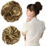 REECHO Women’s Thick 2PCS Hair Scrunchies Made of Hair Curly Wavy Updo Hair Bun Extensions Messy Hairpieces – Light Golden Brown with Blonde Highlights