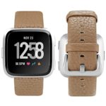 iHillon Leather Bands Compatible with Fitbit Versa/Versa 2/Versa Lite/SE, Soft Genuine Leather Classic Replacement Straps Wristbands for Women Men, Light Brown+Silver Buckle