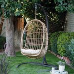 Boho Chic Natural Light Brown Brown Wicker Hanging Egg Chair with Stand and Cushion Outdoor Patio Lounge Furniture