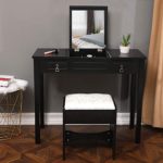 Vanity Set with Flip Top Mirror & Cushioned Stool Dressing Table Vanity Makeup Table 6 Drawers 2 Dividers Movable Organizers – Easy Assembly 35.4”L x 15.8”W x 29.5”H