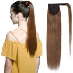 100% Remy Human Hair Ponytail Extension Wrap Around One Piece Hairpiece With Clip in Comb Binding Pony Tail Extension For Girl Lady Women Long Straight #6 Light Brown 14” 70g