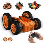 Lanpn Remote Control Cars for Kids 1:24 4WD RC Stunt Car Toy, 2.4GHz Rechargeable Hobby RC Crawlers, Double Sided Rotating with Led Head-Lights, Birthday/Christmas for Boys/Girls (Brown)