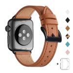 Bestig Band Compatible for Apple Watch 38mm 40mm 42mm 44mm, Genuine Leather Replacement Strap for iWatch Series 5/4/3/2/1, Sports & Edition (Brown Band+Black Adapter, 42mm 44mm)