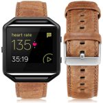 UMAXGET Leather Band Compatible with Fitbit Blaze, Retro Cowhide Genuine Leather Band with Black Silver Metal Frame Compatible with Fitbit Blaze Smart Watch Strap for Men Women, Light Brown Large