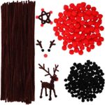 Cooraby 300 Pieces Red Pom Poms Christmas Fluffy Pompoms and 100 Pieces Brown Pipe Cleaners Chenille Stems for Christmas Craft Supplies