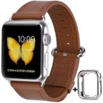 JSGJMY Compatible for Iwatch Band 42mm 44mm Small Women Genuine Leather Loop Replacement Strap for iWatch Series 5 4 3 2 1, Light Brown with Silver Stainless Steel Clasp