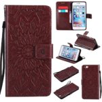 iPhone 6 / 6S Wallet Case,A-slim(TM) Sun Pattern Embossed PU Leather Magnetic Flip Cover Card Holders & Hand Strap Wallet Purse Case for iPhone 6 / 6S [4.7 Inch] – Brown