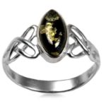 Green Amber Sterling Silver Celtic Marquise Cut Ring