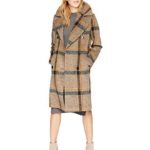 Kendall + Kylie Women’s Double Breasted Wool Coat, Brown Plaid, Large