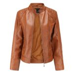 DONTAL Winter Warm Women Short Coat Leather Biker Jacket Parka Zipper Tops Overcoat Outwear Brown